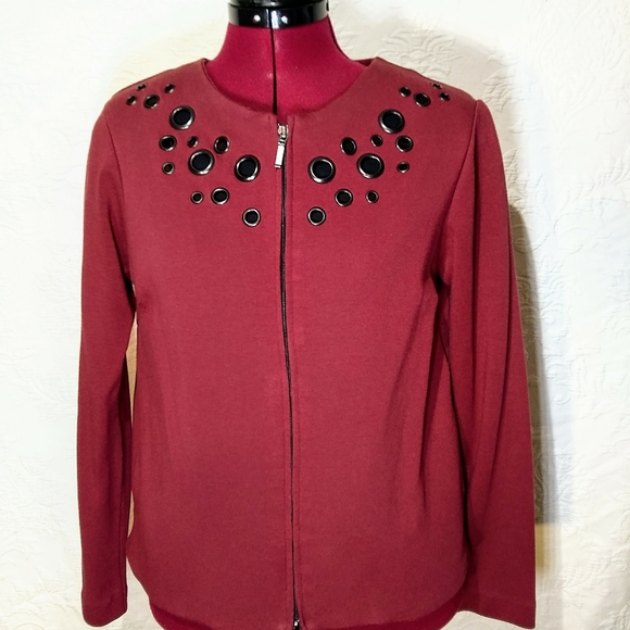 WD.NY Sz 8 Red Christmas Holiday Zip Up Rivet Stretch Blazer Jacket - Picture 2 of 9